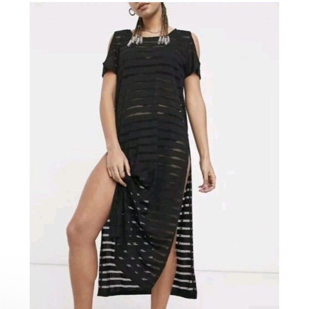 Calvin Klein Long Black Sheer Striped Beach Swim CoverUp Cold Shoulder Slit S/M